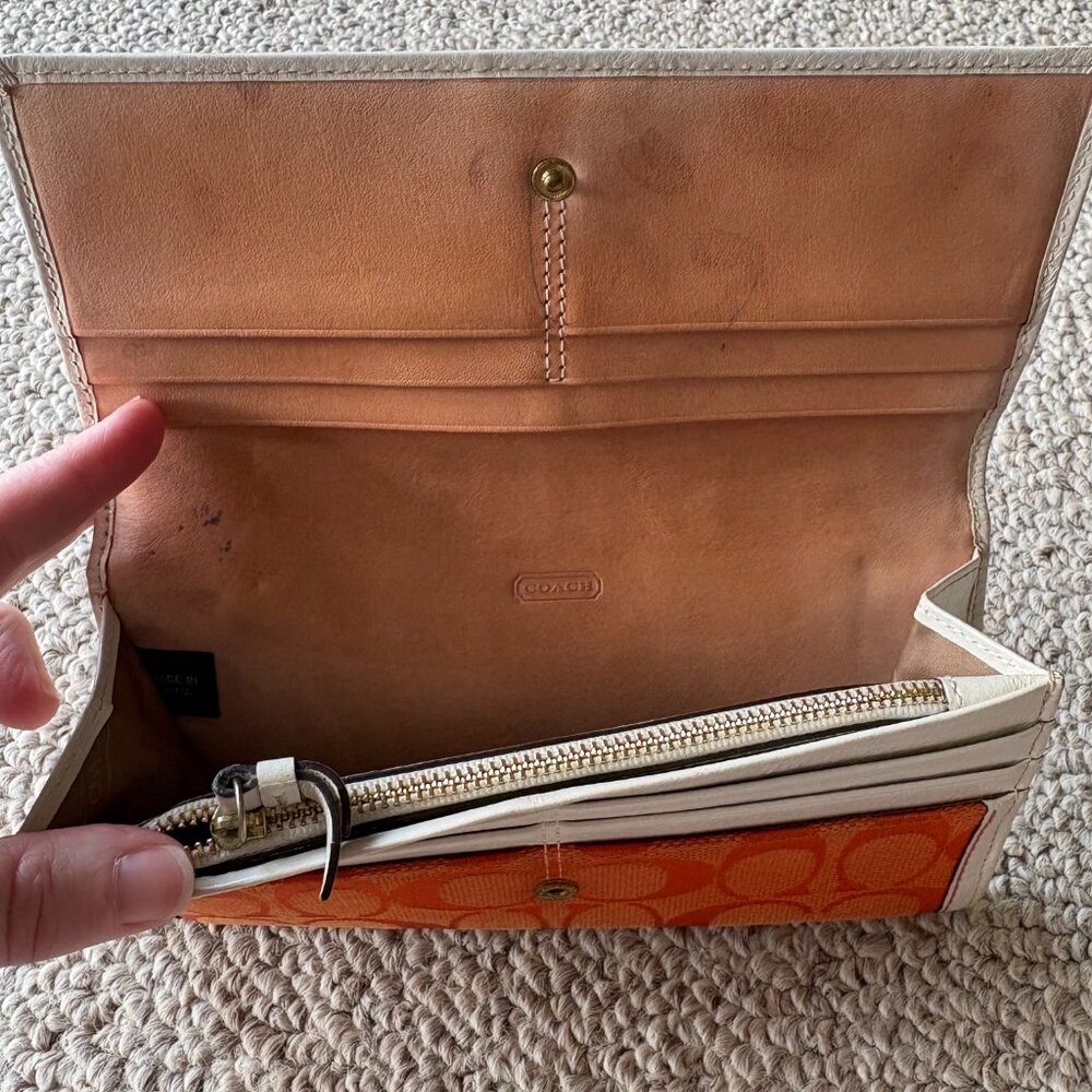 Coach Orange Signature Jacquard Trifold Wallet | Checkbook Clutch - Picture 7 of 11